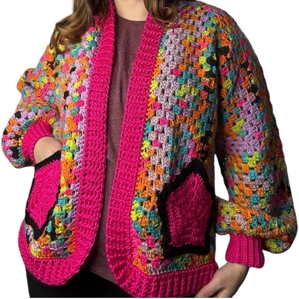 Handcrafted Crochet Hexagon Cardigan Sweater Open Front Wide Sleeve 2 Pockets - Picture 2 of 16